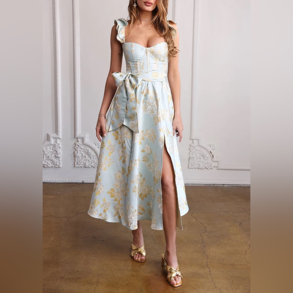 V. Chapman Sky Blue and Gold Floral Midi Dress